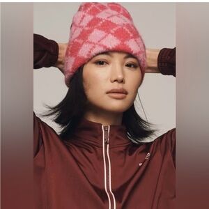 Anthropologie Gambit Argyle plaid Beanie wool knit blend pink hat new winter
